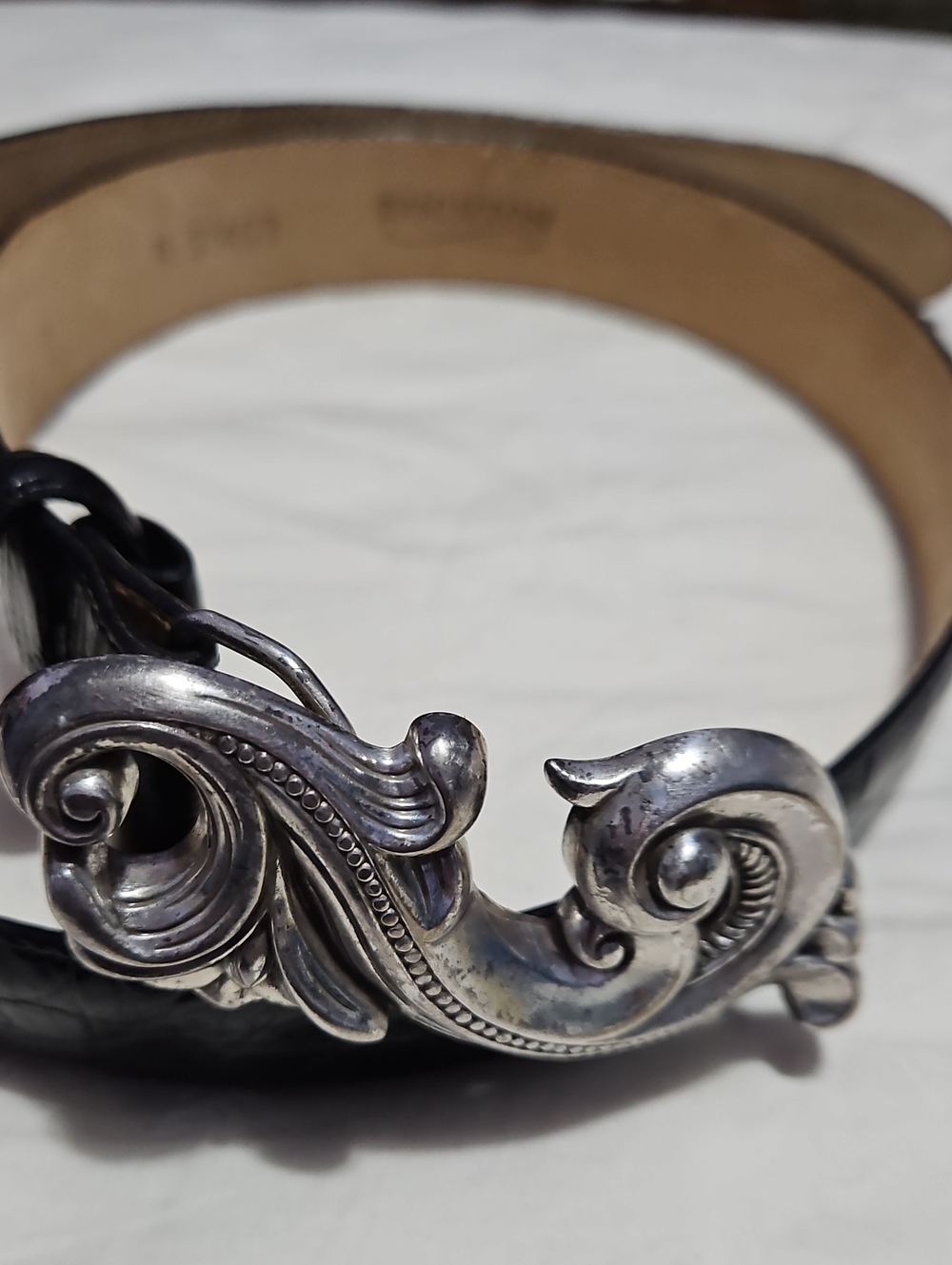 Vintage 1995 Brighton Black Croc Leather Strap Belt Ornate Silver Scroll Buckle